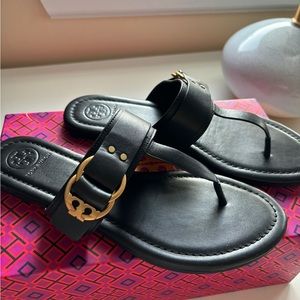Tory Burch Women's Marsden Black Leather W/Gold Buckle Thong Sandal’s